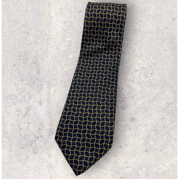CERRUTI Silk Tie FRANCE Navy Beige Geometric W:4" EUC - Picture 1 of 4